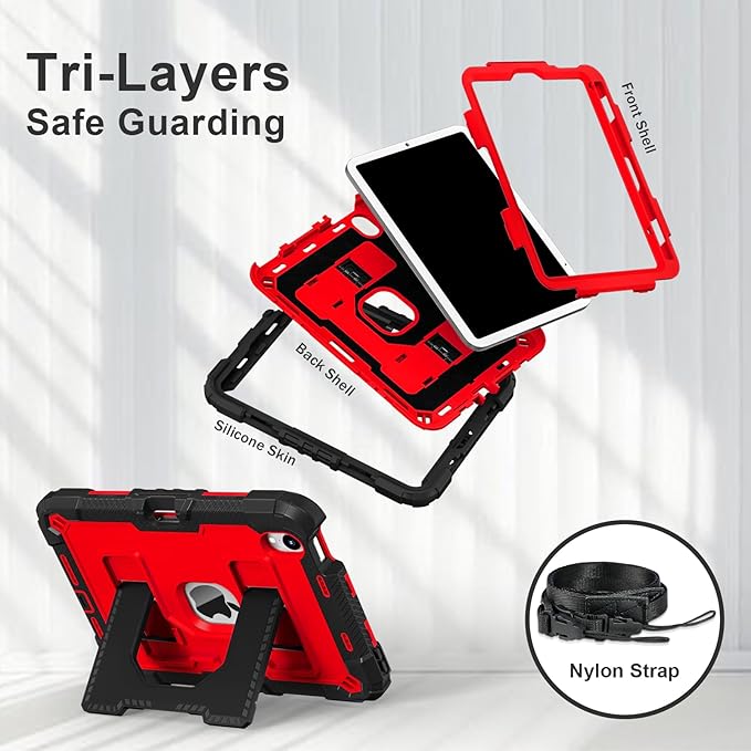 Kids Friendly Case for Apple iPad mini 7 A17 Pro 2024/iPad Mini 6 2021 8.3 Inch 7th/6th Gen Case with Pencil Holder & Shoulder Strap, Shockproof Kickstand Hard Shell Protective Cover,Black+Red