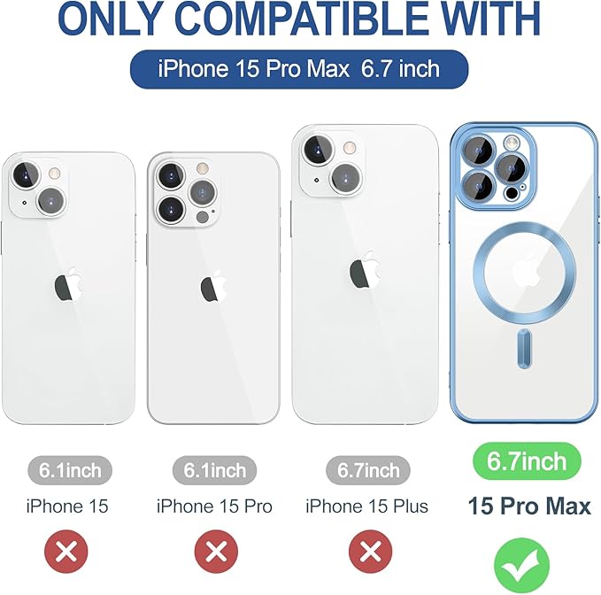 Hython Magnetic Clear for iPhone 15 Pro Max Case with Camera Lens Protector [Compatible with MagSafe] Plating Edge Slim Soft TPU Cover Protective Phone Case for iPhone 15 Pro Max, Matte Light Blue