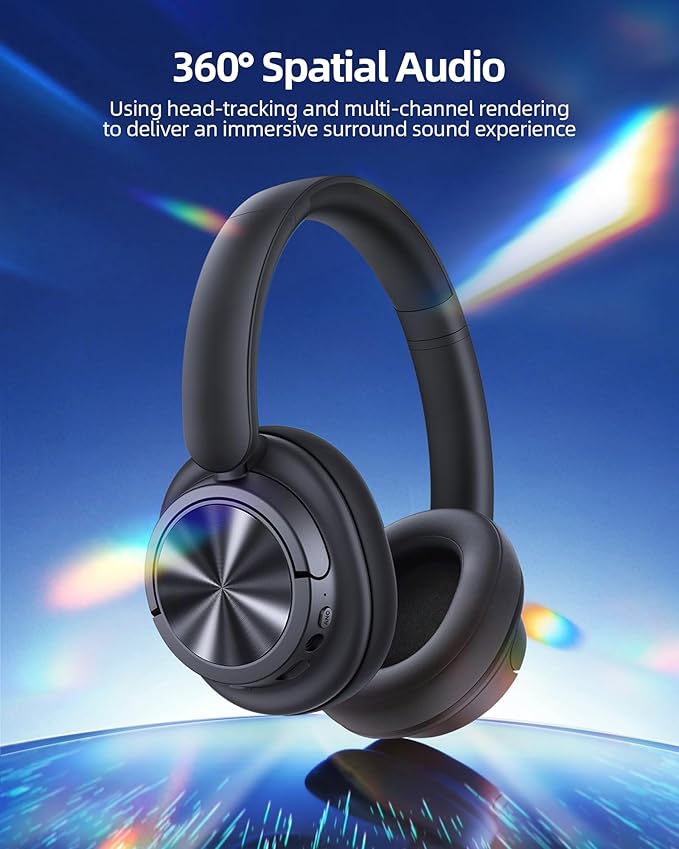 Hybrid Active Noise Cancelling Headphones 120H Playtime Wireless Headphones Bluetooth 6.0 Over Ear Headphones with 6 ENC HD Call Mic, Hi-Res 360° Spatial Audio ANC Headphone for Travel Workout Black