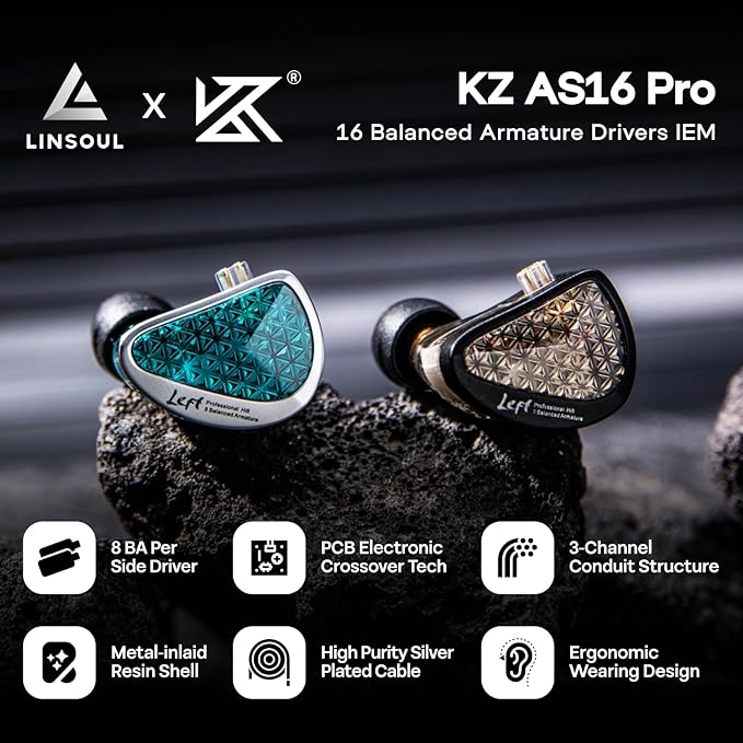 Linsoul KZ AS16 Pro Wired Earbuds, 16BA Balanced Armature Drivers Earphones HiFi Bass in Ear Monitor Earphones with Detachable 0.75mm 2 pin Cable (Black, with Mic)