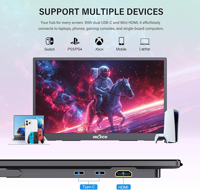 InnoView 4K Portable Monitor 18.5" 3840x2160 UHD USB-C HDMI for Laptop, 400 nits IPS Computer Gaming Display HDR Travel Monitor with W/180°Adjustable Stand for Desktop Mac Phones Tablet PS5/4 Switch