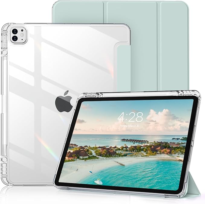 Clear Case for iPad Pro 12.9 inch 6th/5th/4th/3rd Gen with Pencil Holder [Support Pencil Charging] Auto Wake/Sleep, Lightweight Shockproof Trifold Stand Transparent Hard PC Back Cover, Tender Green