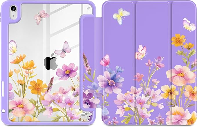 Case for iPad Air 13 inch 2026 M4 2025 M3 2024 M2 Release Slim Lightweight Shockproof Cute Violet Cover with Clear Back TPU Edge Pencil Holder Trifold Stand Auto Wake Sleep, Watercolor Flower