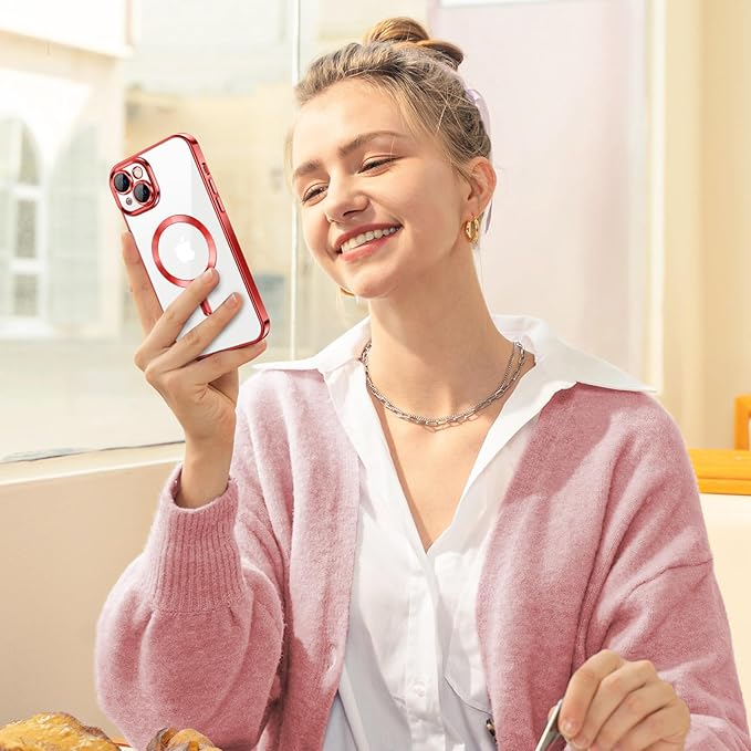 Hython Magnetic Clear for iPhone 13 Case with Camera Lens Protector [Compatible with MagSafe] Luxury Plating Edge Slim Soft TPU Cover Protective Phone Case for iPhone 13 6.1", Red