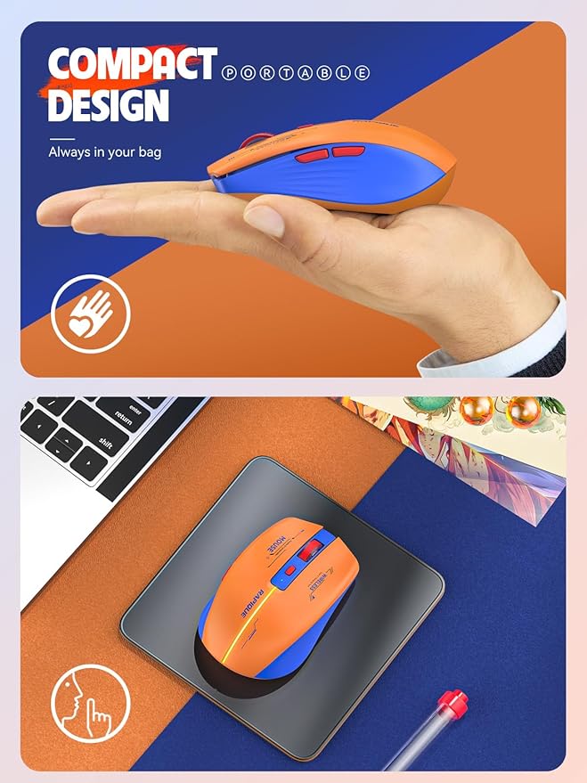 RAPIQUE Bluetooth Wireless Mouse - (BT1/BT2+USB Receiver) Dual Mode, Rechargeable, Quiet Click, Multi-Device Compatibility for Laptop, Computer, MacBook, Tablet (Blue and Orange)