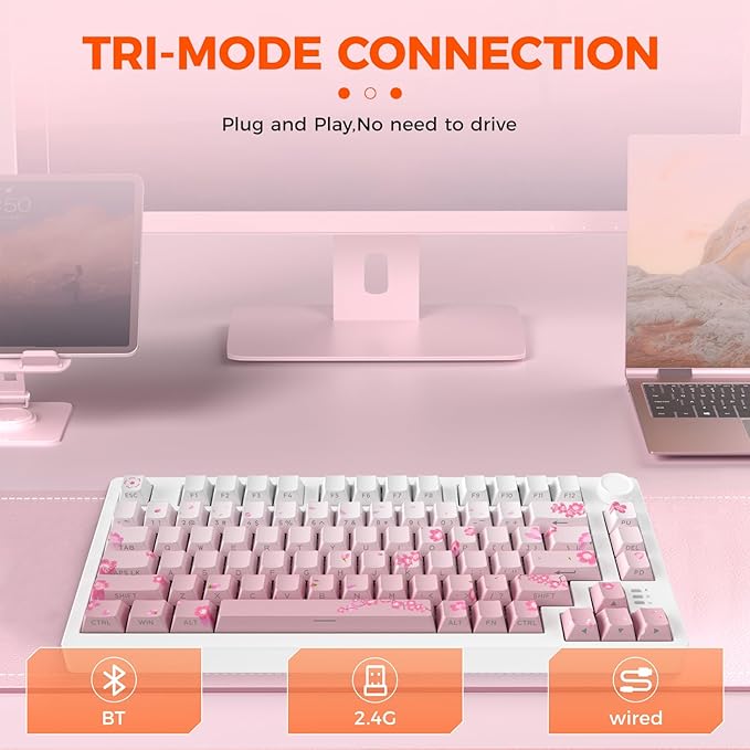 DAREU EK75PRO Sakura Pink Wireless Mechanical Gaming Keyboard,75% Hot Swap Creamy Keyboard with Knob,RGB Backlit,Gasket Custom Structure,Side Printed PBT Keycaps,2.4Ghz/BT5.1/USB-C, for Win/MAC