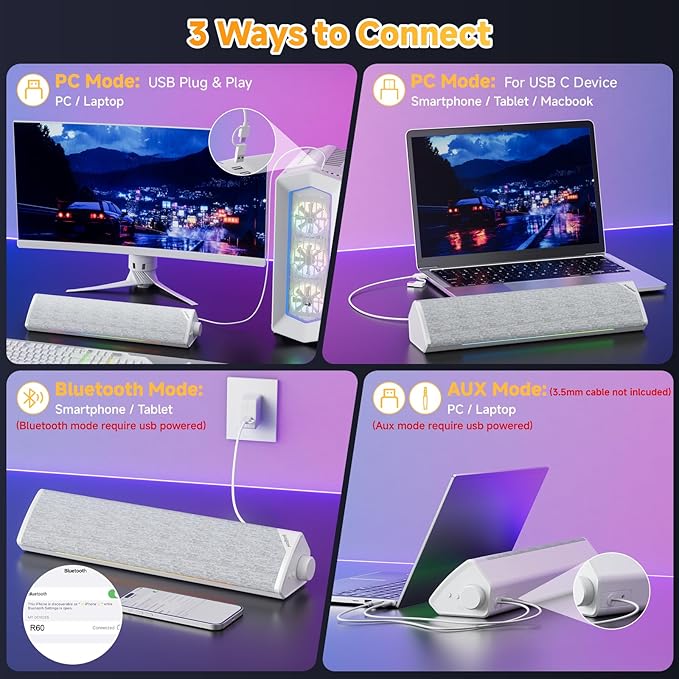 SOULION Computer Speakers, USB-Powered Bluetooth PC Soundbar with Dynamic RGB LED Lights, Surround Sound for Desktop, Laptop, Office, Work, Music & Gaming White (USB-C to USB Adapter Included)