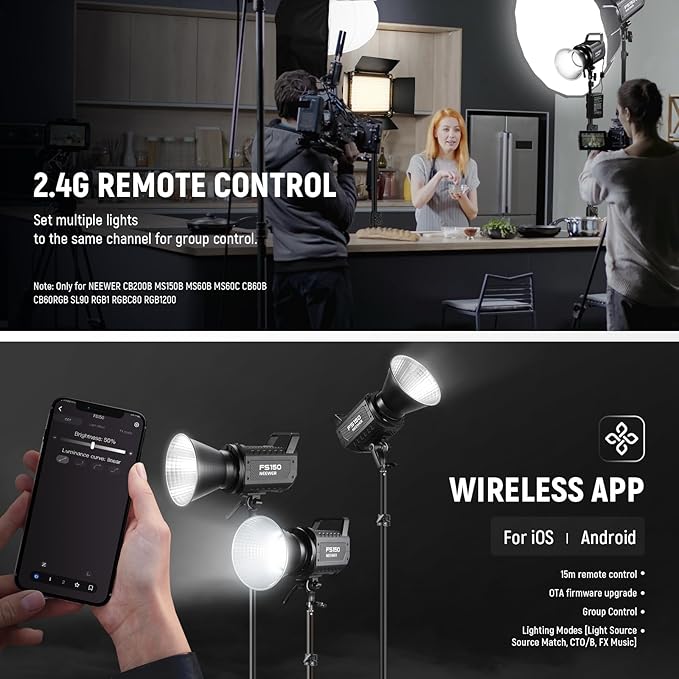 NEEWER FS150 LED Video Light 2.4G/APP Control, 130W 5600K COB Daylight Silent Photography Continuous Output Lighting 4 Precise Dimming Types 102000lux/1m CRI97+ 9 Effects Bowens Mount, US Plug