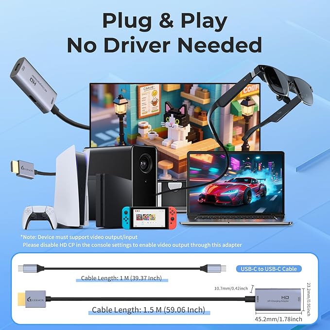 Guermok HDMI to USB C Video Display Adapter, 4.9ft AR Glasses Hub, 4K@60Hz HDMI Male to USBC Female for XREAL One/Air 2Pro/RayNeo/Rokid, Switch 2/1, Xbox1, PS4/5, Portable Monitors, Silver