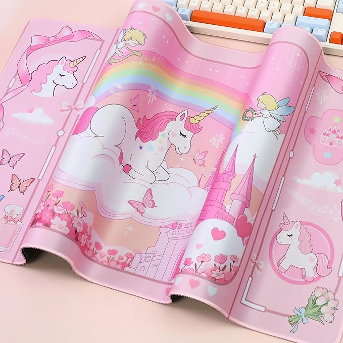 PERFECTSIGHT Cute Unicorn Desk Pad Kawaii Dream Desk Mat, Large Gaming Mouse Pad, Funny Deskmat Mousepad, Laptop Keyboard Pad Office Home Decor for Women Girls, Light Pink