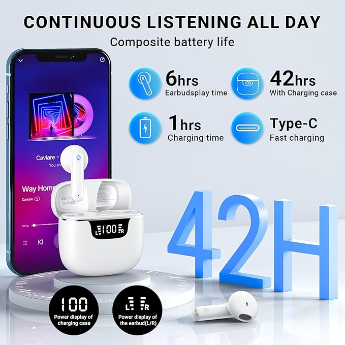 Wireless Earbuds, Bluetooth 5.4 Headphones with 42H Ultralight Ear Buds,Bluetooth Earbuds with 4 ENC Noise Cancelling Mics, HiFi Deep Bass Dual LED Display USB-C, Waterproof Earphones for Android iOS