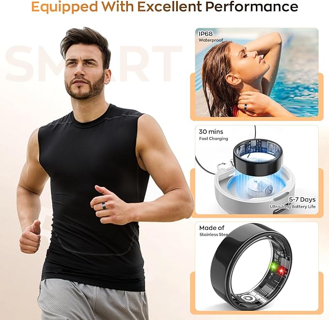 Smart Ring with Sleep Monitoring, Step Counting, Heart Rate, Blood Oxygen for iOS and Android, No Subscription Fee, IP68 Waterproof Health Tracker (Gold, 11)