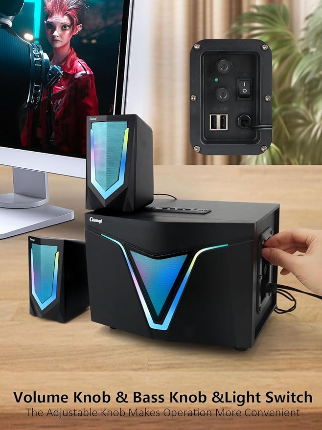2.1 USB-Powered Computer Speaker with Subwoofer,PC Speakers with subwoofer-Dual 4.7'' mid-Treble Full-Range Satellites for PC,Speaker with Dynamic RGB,Up to 16W, 3.5mm Inputs