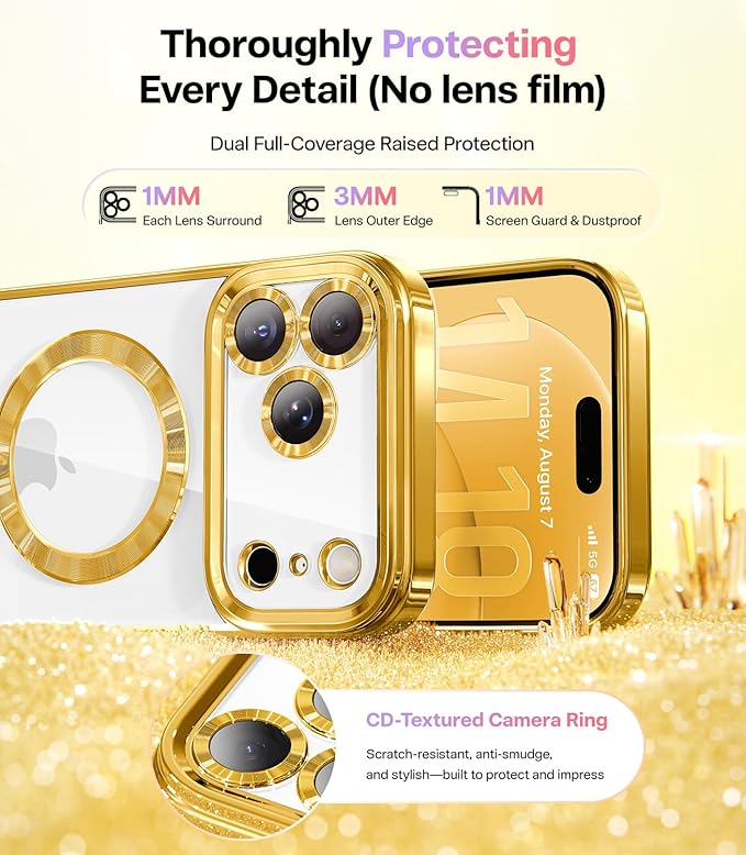 Meifigno Designed for iPhone 17 Pro Max Case 6.9", [Glitter Card & Wrist Strap] [Compatible with MagSafe] [2X HD Screen Protectors] Surround Raised Lens Protection for 17 ProMax Phone Case, Gold
