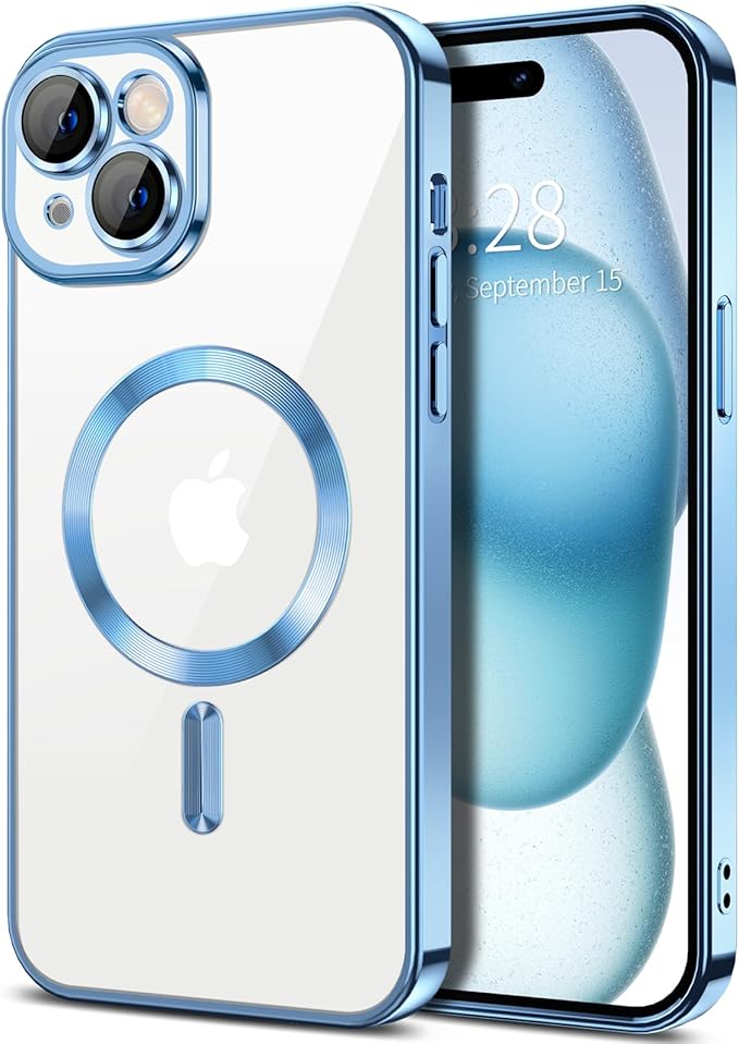 Hython Magnetic Clear for iPhone 15 Case with Camera Lens Protector [Compatible with MagSafe] Luxury Plating Edge Slim Soft TPU Cover Protective Phone Case for iPhone 15 6.1", Light Blue