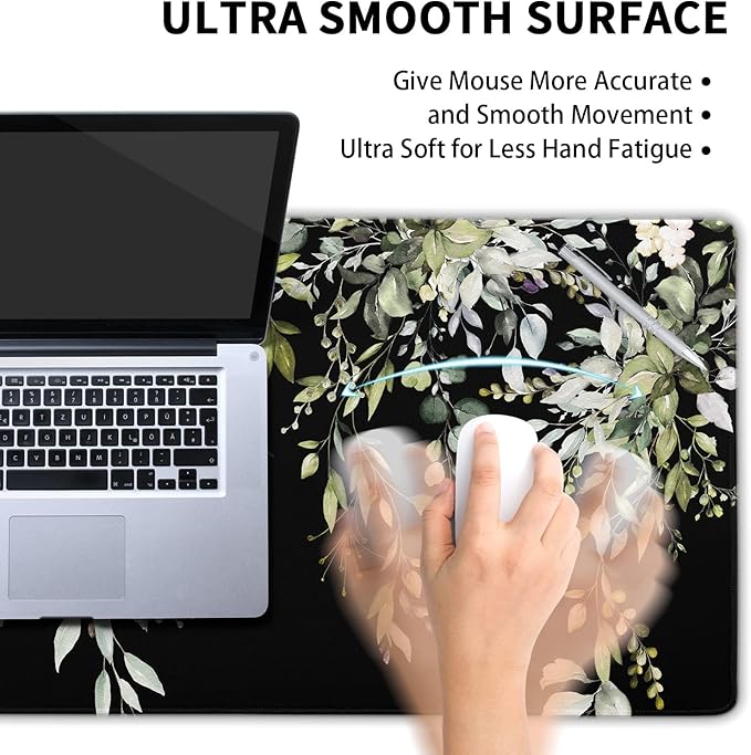 Sage Green Leaves Gaming Mouse Pad XL Spring Summer Floral Extended Large Desk Mat Black Big Mousepad Non-Slip Rubber Base Stitched Edge Long for Desktop Office Computer Gamer,31.5×11.8 in