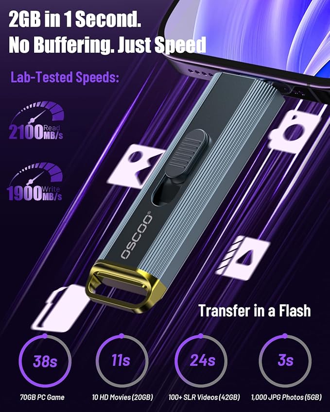 2TB Portable SSD, Up to 2100MB/s, Supports Apple 4K 60fps ProRes, External Hard Drive USB 3.2 with USB-C & A for iPhone 15/16/17, Android, Mac & PC, Ideal for Photographers & Content Creators
