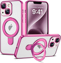 Compatible with iPhone 14 Case with Magnetic Ring Stand [Compatible with Mag-Safe] [Full Camera Lens Protector] Soft Plating Clear Phone Case for iPhone 14 6.1", Rose