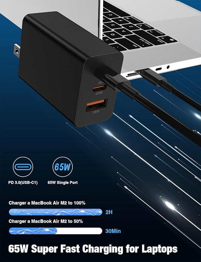 Hzevn 2Pack 65W USB C Wall Charger Block, 3-Port 100W USB C Charging Adapter,Multi Super Fast Charging Power Plug Cube for MacBook Pro/Air,i-Pad Pro,i-Phone 16/15, Galaxy S25，White and Black