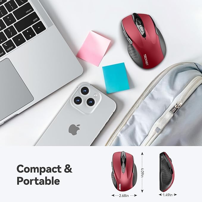 TECKNET Wireless Mouse, 2.4G Ergonomic Optical Mouse, Computer Mouse for Laptop, PC, Computer, Chromebook, Notebook, 6 Buttons, 24 Months Battery Life, 2600 DPI, 5 Adjustment Levels - Red
