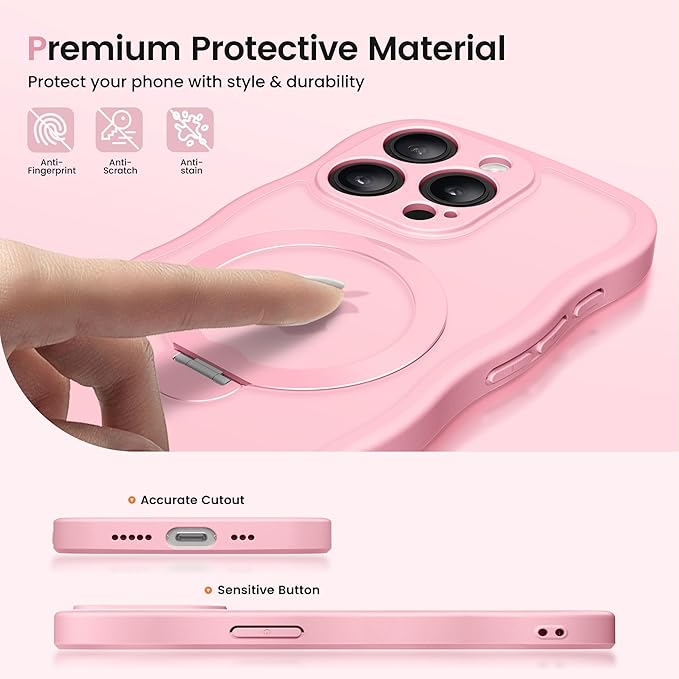 CAPRARO for iPhone 15 Pro Case with 360° Spin Magnetic Stand for Women, [Compatible with MagSafe] [Full Camera Protection] Cute Wave Translucent Matte Case for iPhone 15 Pro, Peach Pink