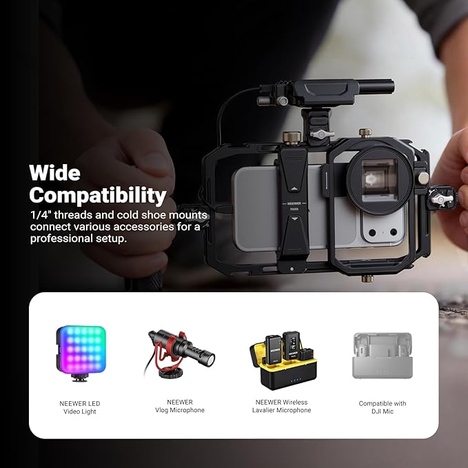 NEEWER Universal Phone Cage Video Rig Stabilizer with 17mm to 37mm & 67mm Lens Filter Adapter Ring Accessories Compatible with iPhone Android Samsung for Video Recording Streaming Photography, PA058