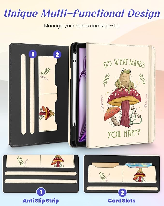 Kidcube for iPad Air 13 Inch Case (M3/M2)/for iPad Pro 12.9 Cases 6th/5th (2022/2021) - Women Girls Kids Cute Rotating Stand Folio Cover with Pencil Holder & Card Slot Design Cool Frog Mushroom Cover