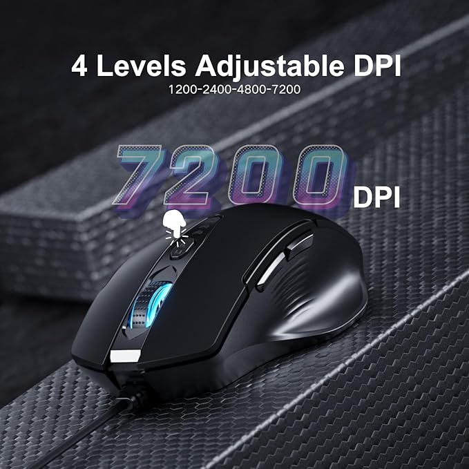 Uineer Wired Mouse, USB Mouse Wired with 6 Buttons Ergonomic Design,1.5M USB Cable Computer mice 7200DPI Optical Mice for PC Laptop, Matte Black
