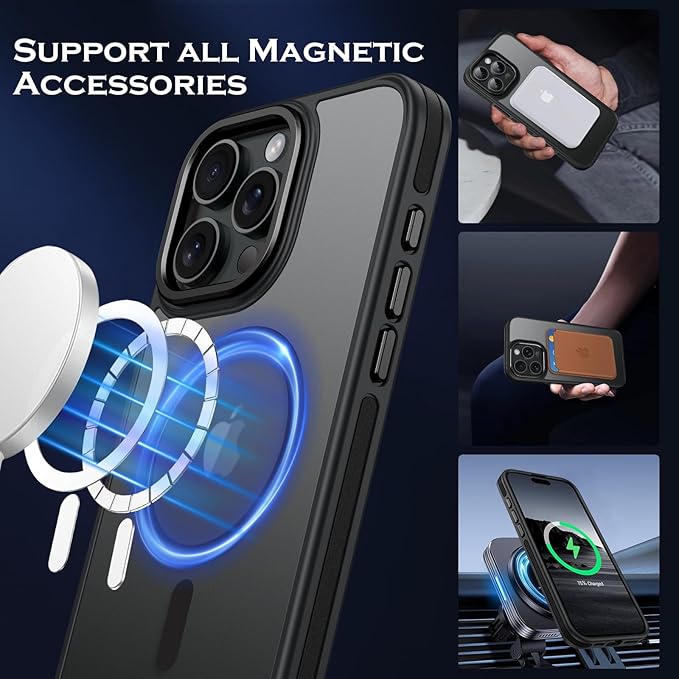 YINLAI Case for iPhone 16 Pro Max, Magnetic Case [Compatible with Magsafe] Supports Wireless Charging Slim Translucent Matte Women Men Shockproof Protective Back Phone Cover 6.9 Inch, Black/Black