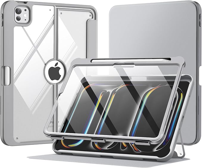 MoKo for iPad Pro 11 Inch Case (M5/M4) 2025/2024 with Pencil Holder, [Built-in Screen Protector], iPad Pro 11 M5/M4 Case with Clear Back & Magnetic Multi Angle Stand Cover, Light Gray