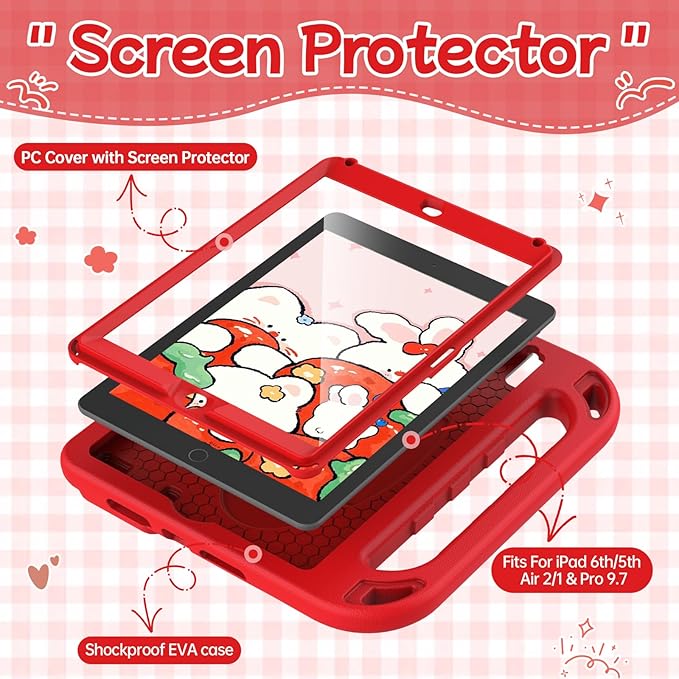 BMOUO Kids Case for iPad 9.7 2018/2017/iPad Air 2/1/Pro 9.7-Built-in Screen Protector Shockproof Handle Convertible Stand Case for iPad 9.7 Inch 2018 (6th Generation)/2017 (5th Generation)/Air 2, Red