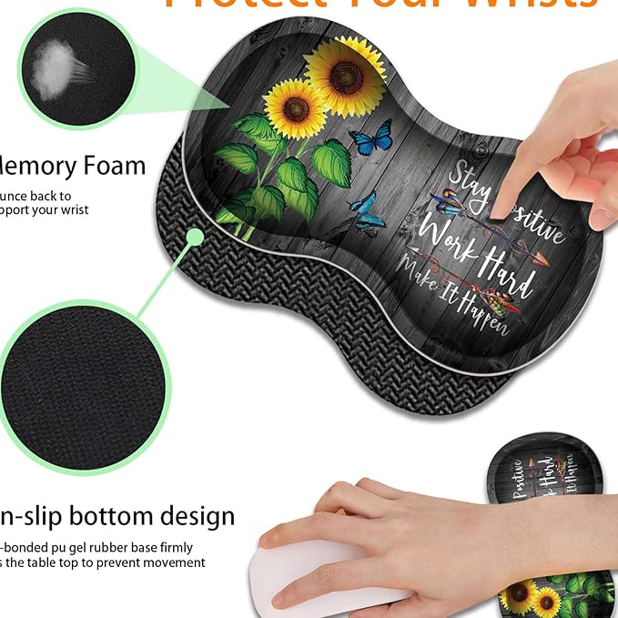 Durable Desk Mat + Wrist Rest Pad + Coasters Set, Large Gaming Office Mouse Pad 31.5 "x 11.8", Extended Non-Slip Rubber Keyboard Pad, Laptop & Home, Sunflower Inspirational Quote