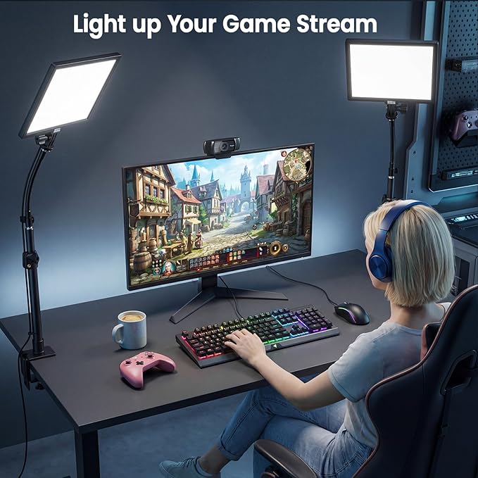 2 Packs LED Video Key Light,Streaming Light Dimmable Bi-Color 3200-5600k Video Conference Lighting with Gooseneck Tubes Desk Panel Lights for Podcast/Streaming/Gaming/Zoom Call/Broadcast/YouTube