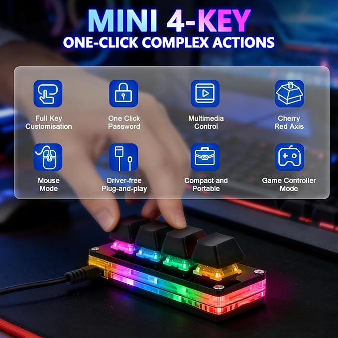 aikeec Black Mini 4-Key Keypad Mechanical Gaming Keyboard, Self Programming,OSU Hot Swap Game Keyboards with 1.5m USB-C Data Cable（Upgrade Cherry Shaft &RGB LED）