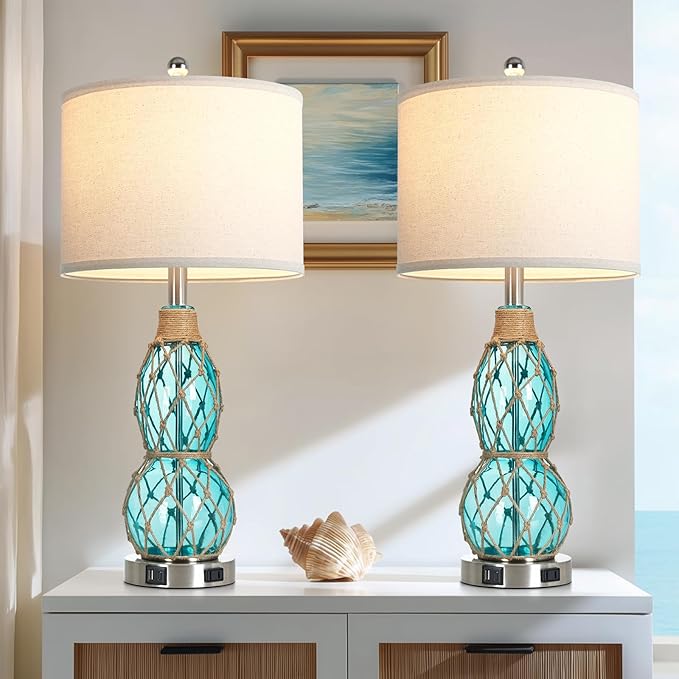 Rinweey 26" Coastal Glass Table Bedside Lamps Set of 2, 3-Way Dimmable Touch Lamps with USB Ports and AC Outlet, Nautical Nightstand Lamps for Bedroom Living Room,Teal