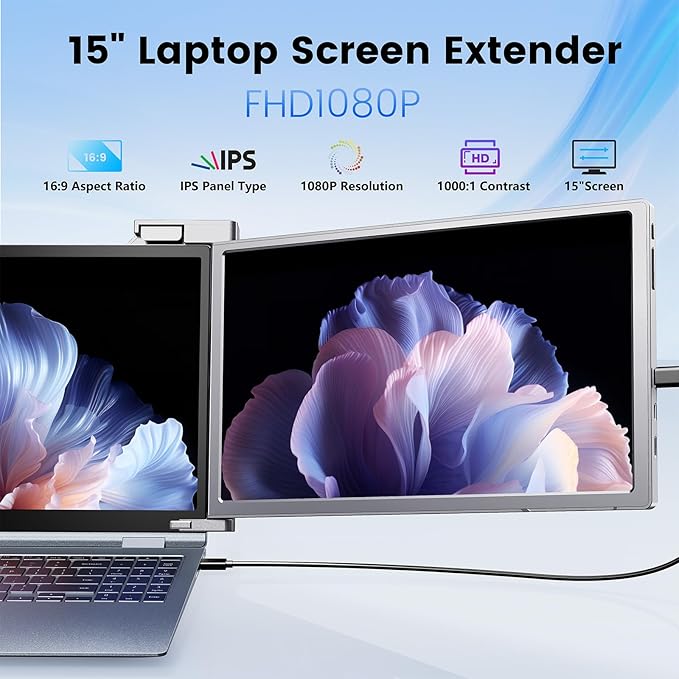 15'' Laptop Screen Extender, 1080P FHD Ultra-Thin Portable Monitor for 15"-17" Laptop with USB-C/HDMI Port, Plug and Play, for Mac/Windows/Android, Triple Screen Ideal for Remote Work & Multitasking