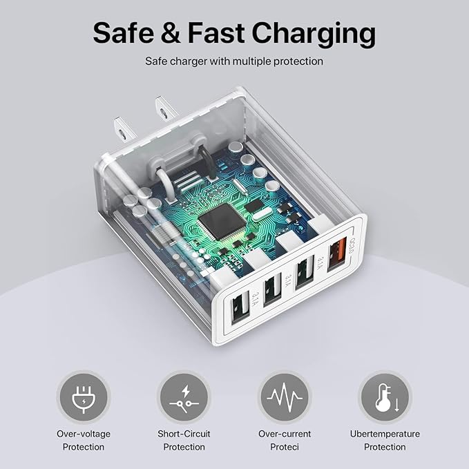 [2 Pack] USB Charger, 4 Port USBA Wall Charging Block, Fast Charge QC 3.0 Plug Adapter Compatible with iPhone 12/13/14/15/XS/XS Max/XR/X, LG, Google Pixel and More