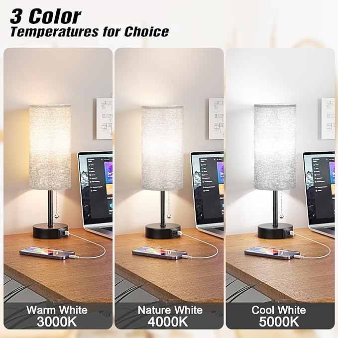 Grey Bedside Lamp for Bedroom Nightstand - Small Table Lamp with USB A + C Charging Port, 3 Color Temperatures Pull Chain Night Stand Light with Bulb, Side Table Desk Reading Lamp for Living Room/Dorm