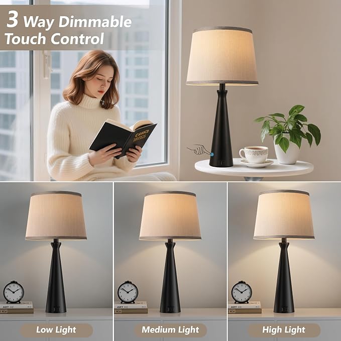 Seealle Modern Table Lamps Set of 2 - Touch Bedside Lamp for Nightstand with Dual USB C+A,3-Way Dimmable Nightstand Lamps for Living Room Bedroom End Table with Grey Shade(Bulb Included)
