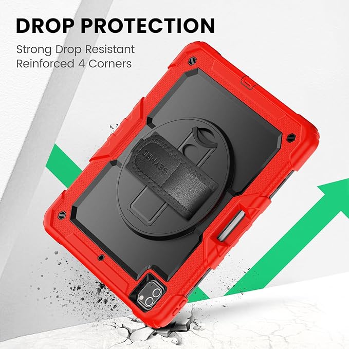 SEYMAC Case for iPad Pro 12.9 2022/2021/ 2020/2018, Heavy Duty Protection Shockproof Case with Screen Protector, 360° Rotating Stand/Handle/Shoulder Strap, Supports Pencil 2 Charging, Red