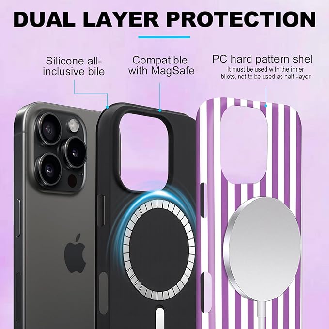 Magnetic for iPhone 13/14 Case Cute Stripes Phone Case, Shockproof Slim TPU and Hard PC Protective Phone Cover Compatible with MagSafe Designed for Women Girls, Purple