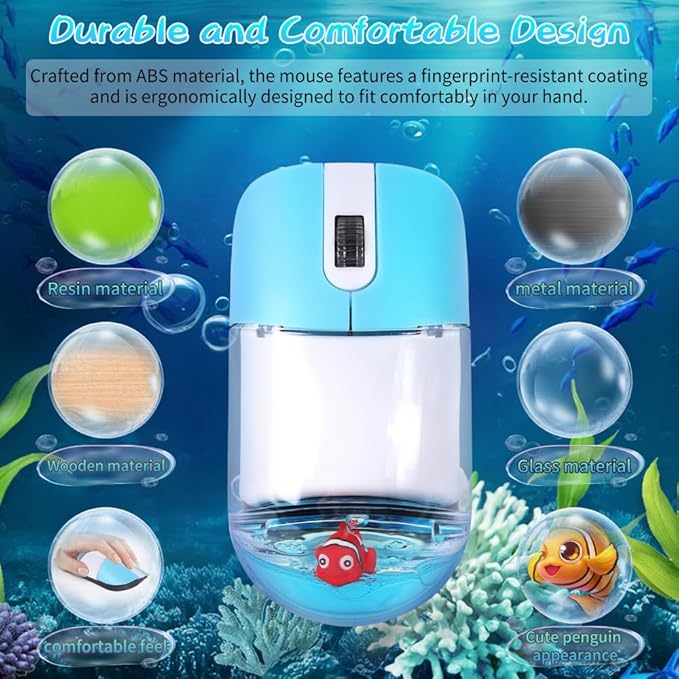 Wireless Mouse -Cute Clear Aqua Design, Water Mouse with Optical Precision, Silent Clicks, Lightweight & Floating Animal Transparent Retro Style for Home Office, Great for Kids & Adult(Fish-Blue)