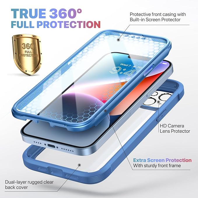Diaclara Designed for iPhone 14 Plus Case, Full Body Rugged Case with Built-in Touch Sensitive Anti-Scratch Screen Protector, with Camera Lens Protector (Blue and Clear)