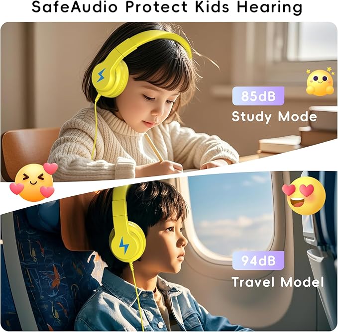 Candy Bila Kids Headphones, Wired Headphones for Kids Over Ear with Microphone, 85/94dB Volume Limiter Headphone for Girls Boys, Foldable Headphone for Learning & Entertainment, Yellow