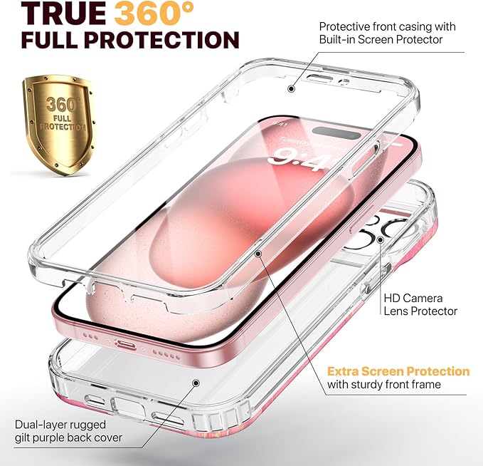 Diaclara Designed for iPhone 15 Plus Case 6.7 Inch, Full Body Rugged Case with Built-in Touch Sensitive Anti-Scratch Screen Protector + Glass Camera Lens Protector for iPhone 15 Plus,Water Pink