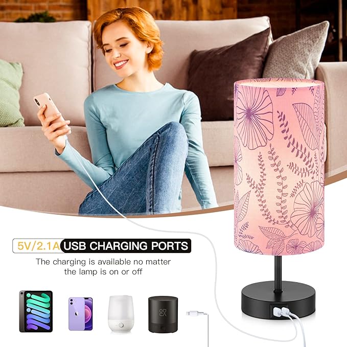 CINSARY Touch Control Bedside Lamp with 2 USB Ports, 3-Way Dimmable Table lamp for Bedroom, Nightstand Lamp with Round Pink Flower Fabric Shade for Living Room Home Office (E26 LED Bulb Included)