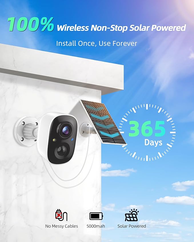 MaxiViz Solar Camera Outdoor Wireless, 2.4GHz Wi-Fi Security Camera with AI Motion Detection, Cameras for Home Security with 2K Color Night Vision, Two-Way Talk, IP66 Weatherproof, Cloud/SD Storage
