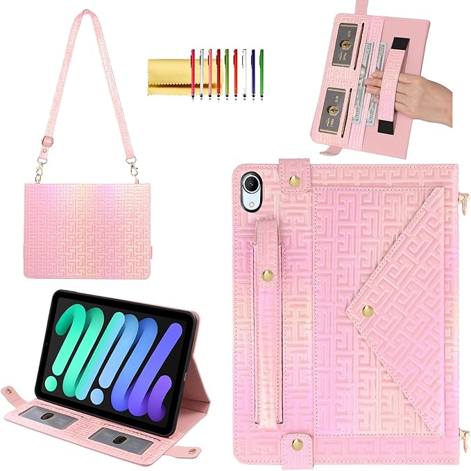 Shiny Case for iPad mini 7 2024/Mini 6th Gen Handbag Case, Techcircle Iridescent PU Leather Folio Envelope Pocket Stand Cover with Hand Strap+Shoulder Strap+Pencil Holder+Card Slots, Shiny Pink