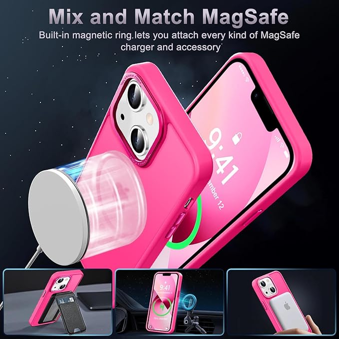 Newfuture Designed for iPhone 13 Case & iPhone 14 Case with Magnetic [13 FT Military Drop Protection] [Compatible with Magsafe] Slim Translucent Shockproof with Anti-Fingerprint Phone Case, Hot Pink