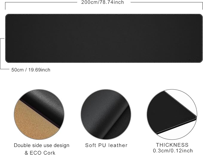Chihein 79" x 20" 5XL PU Leather Desk Mat (Black), Huge Mouse Pad, Dual Sided Desk Pad Protector, Waterproof Writing Blotter for Gaming/Office/Home